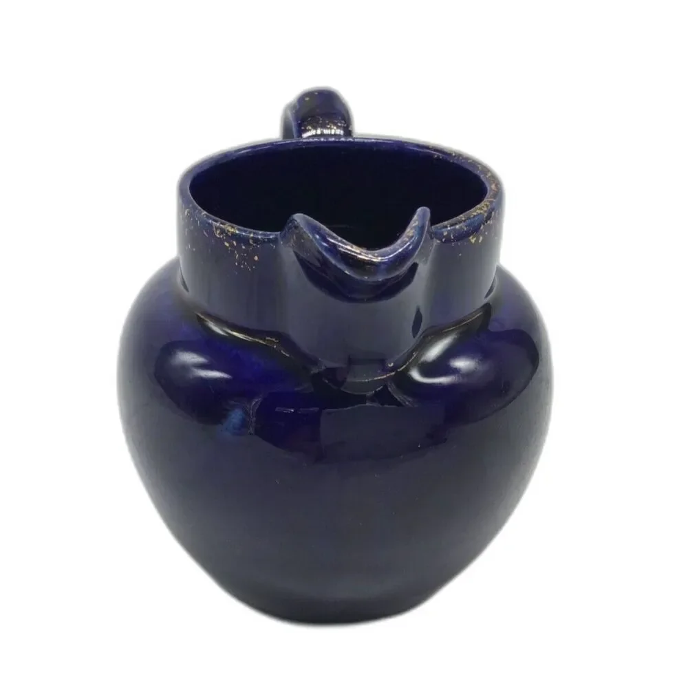 Vintage Indigo Blue Ceramic Creamer Small Pitcher 4 In Gold Speckle Trim Jug